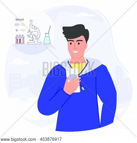 Vector Illustration Guy, Man Receives The Results Of Medical Tests On Cell Phone. Test Tubes, Micros