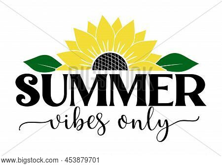 Vector Poster With Quote Summer Vibes Only And Half Of Sunflower Isolated On White Background. Summe