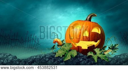 Spooky Cemetery Pumpkin And Dark Gloomy Graveyard As A Creepy Haunted Halloween Burial Grave Backgro
