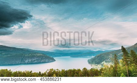 Utvik, Sogn Og Fjordane County, Norway. Norwegian Mountain Lake Landscape. The Innvikfjord Is A Sub-