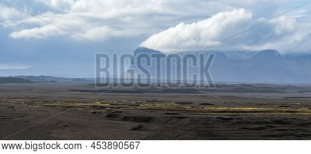 Iceland Autumn Tundra Landscape Near Haoldukvisl Glacier, Iceland. Glacier Tongue Slides From The Va