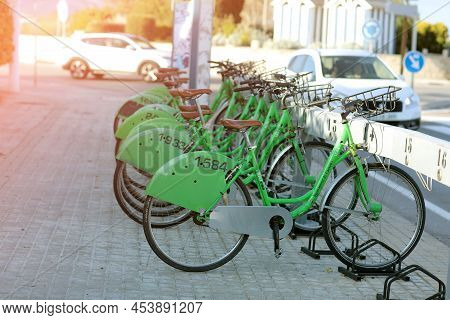 Castellon, Spain - 21 April 2022: Close Up Of Rental Bicycle Alignment Parked At The Station In The 