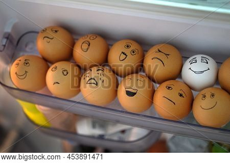 Brown Eggs And One White In A Plastic Container In The Refrigerator. Eggs In The Refrigerator With F