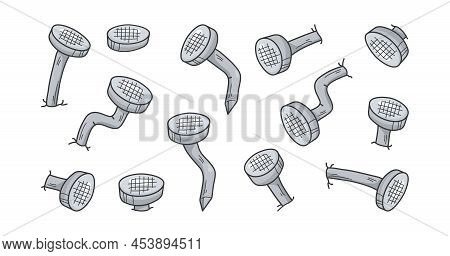 Wall Nail Vector, Metal Old Rust Bent Icon, Gray Sketch Pin Isolated On White Background. Carpentry 