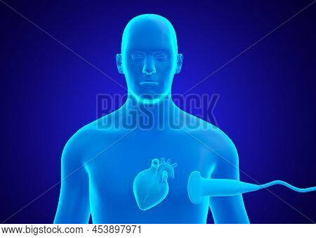 Echocardiography Examination In The Male Heart. Blue Hologram Of The Human Body. 3d Illustration