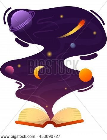 Book Reveals Other Worlds, Space And Planets, Fantasy And Reading - Vector Illustration In Flat Styl