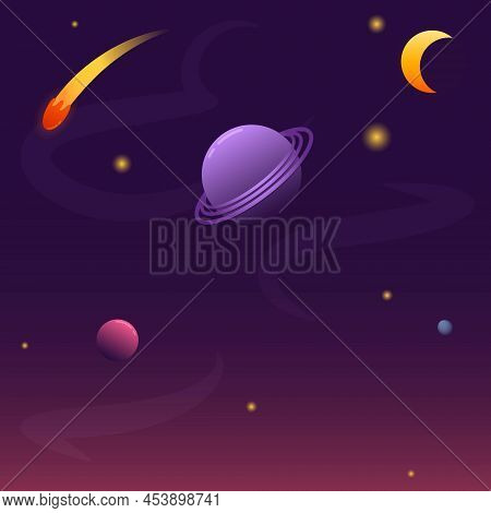 Outer Space With Planets, Kamet, Stars - Vector Illustration In Flat Style With Gradients