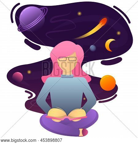 Girl With Glasses Sits With A Book And Reads, Reading Develops Imagination And Discovers Other World