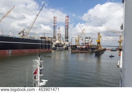 Sembawang, Singapore - Feb 27 2013: Sembawang Shipyard Seen From Onboard Arriving Vessel. Offshore V