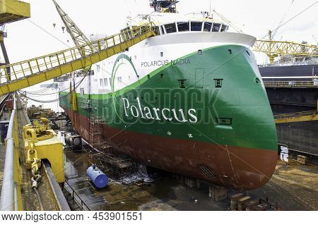 Sembawang, Singapore - Mar 6 2013: Seismic Survey Vessel Polarcus Nadia In Sembawang Floating Dock W