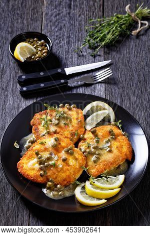 Delicious Chicken Piccata Of Parmesan Breaded Seared Chicken Breasts With Lemon Butter Caper Sauce O