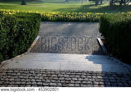 Annual Flowerbed In The Shape Of An Arch With Purple And White Yellow Flowers Bordered By A Low Fenc