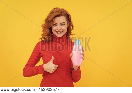 Happy Woman Use Shower Gel. Girl Curly Hair Hold Shampoo Bottle Show Thumb Up.