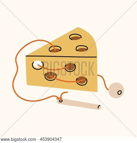Wooden Lacing In The Form Of Cheese. Component Of The Development Of Montessori Education In Kinderg