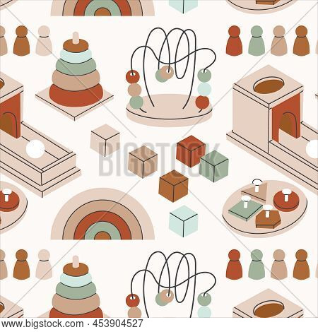 Pattern Of Various Wooden And Metal Montessori Toys. Component Of The Development Of Education In Ki