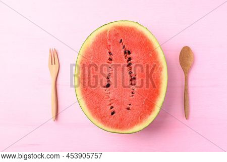 Watermelon Fruit On Pink Ready To Eaitng In Summer Season