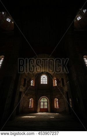 Half-lighted Mystical Interior. Old Church In Reconstruction. High Quality Photo