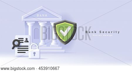 Web Banner With Bank Building And Shield Indicating Security And Encryption, Padlock And Finance Doc
