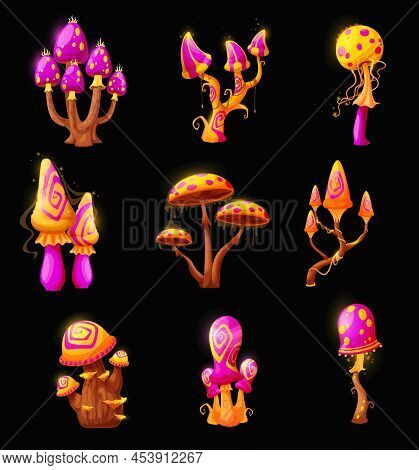 Fantasy Fairy Magic Mushrooms, Luminous Toadstools And Toxic Amanita Of Fantastic Forest. Red Pink O