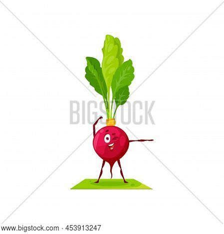 Cartoon Character Radish Doing Sport Trainings Isolated Summer Healthy Veggie Mascot. Vector Emotico