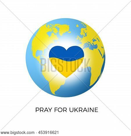 Planet With Heart Shape In National Ukraine Colors. Symbol Of  Halp Mercy Support And Donation. Vect