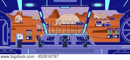 Fantasy Flat Illustration With Spaceship Interior, Spaceship Rocket, Vector Background.