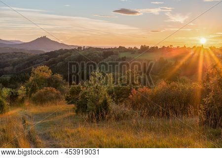 Sunset At Autumn With View To The Castle Hohenzollern, Germany