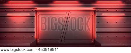 Metal Door In Bunker Or Secret Laboratory With Red Glowing Illumination. Sliding Gates With Scratche