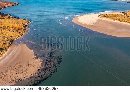 Aerial Of The Beautiful Blue Flag Beach, Killahoey Strand Near Dunfanaghy, Donegal, Ireland