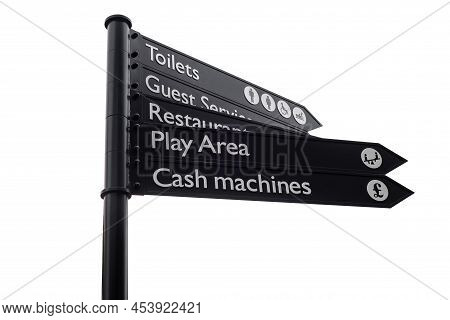 Wayfinder Directional Sign Post With Text And Icons. Arrows Pointing To Toilets, Guest Services, Res