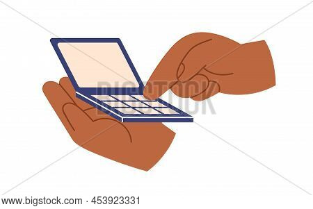 Hands Holding Tiny Laptop With Blank Screen. Arms Using Computer, Typing With Keyboard. Pc Use Icon.