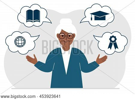 Happy Grandmother With Thoughts About Learning. Internet Profession, Higher Education, Stock Exchang