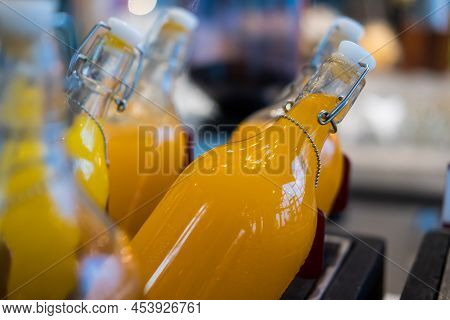Fresh Orange Juice In Bottles On Buffet Line, Buffet Self Service In Morning At Hotal
