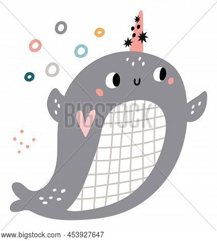 Cute Narwhal. Lovely Baby Underwater Animal Smiling