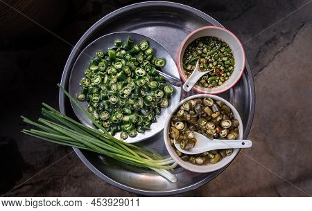 Sliced Fresh Green Chili Spur Pepper, Pickled Chillies In Vinegar, Chilli Fish Sauce And Spring Onio