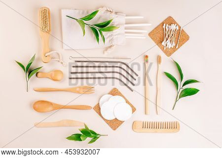 Close-up.ecological Tableware Made Of Natural Materials.wooden And Paper Tableware For Meals.wooden 
