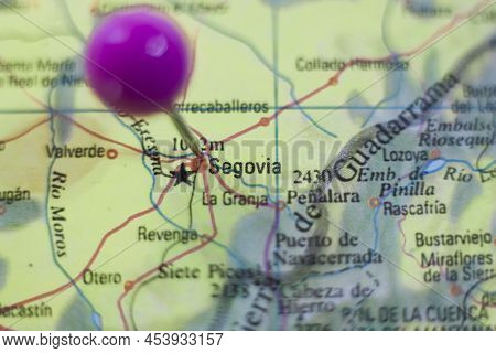 Pushpin Marking On Segovia, Spain.  Selective Focus On City Name