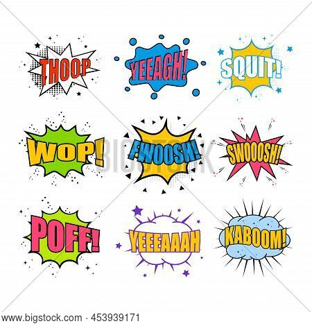 Comic Speech Bubble Icon Set With Expression Sign. Thop, Yeah, Squit And Wop Text At Explosion Shape