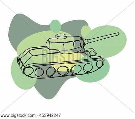 Heavy Tank On A Camouflage Background Continuous Line Drawing. One Line Art Of Armored Personnel Car