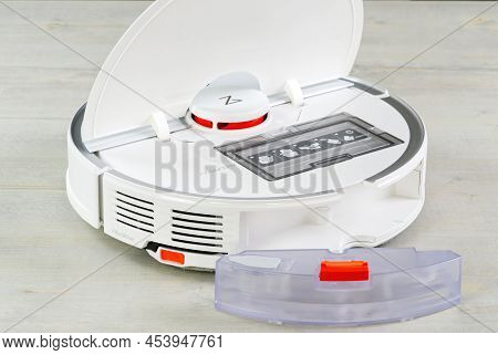 Tallinn, Estonia - March 03, 2022: Xiomi S7 Robot Vacuum Cleaner Water Tank Removed And The Filter L