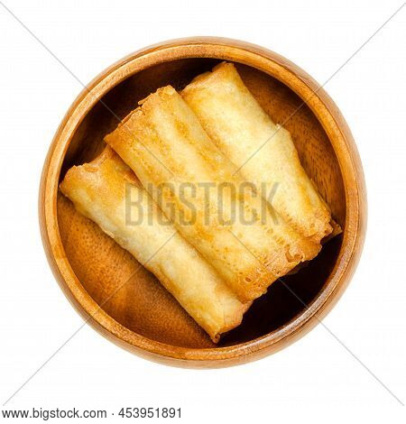 Mini Spring Rolls, Ready To Eat, In A Wooden Bowl. Small Spring Rolls, Crispy Baked In The Oven. Fil