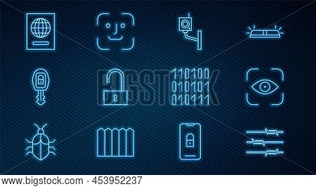 Set Line Barbed Wire, Eye Scan, Security Camera, Open Padlock, Car Key With Remote, Passport, Binary