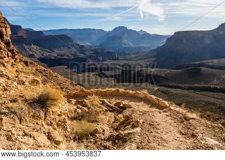 South Kaibab Trail Takes A Sharp Turn To The Left In The Grand Canyon In Mid Morning
