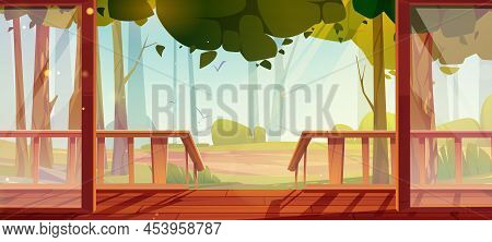 Home Terrace With Forest View, Patio Or Veranda With Wooden Floor, Porch, Glass Doors And Fence At S