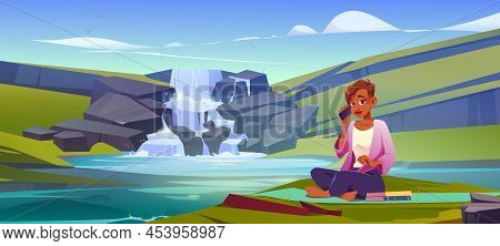 Woman Rest Sitting On Mat On Waterfall Coast. Vector Cartoon Illustration Of Summer Landscape With R