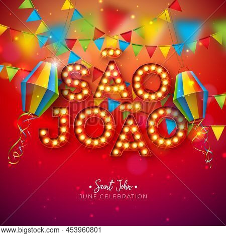 Festa Junina Illustration With Party Flags, Paper Lantern And Light Bulb Billboard Sao Joao Letterin