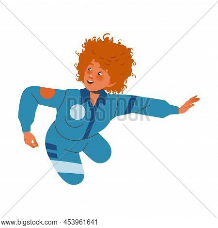 Happy Redhead Woman Astronaut Character In Space Flying In The Air Vector Illustration
