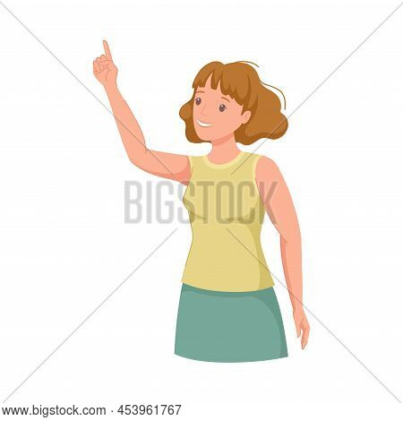Woman Character Indicating Something Pointing With Index Finger As Hand Gesture Specifying Direction