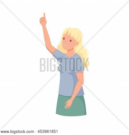 Woman Character Indicating Something Pointing With Index Finger As Hand Gesture Specifying Direction