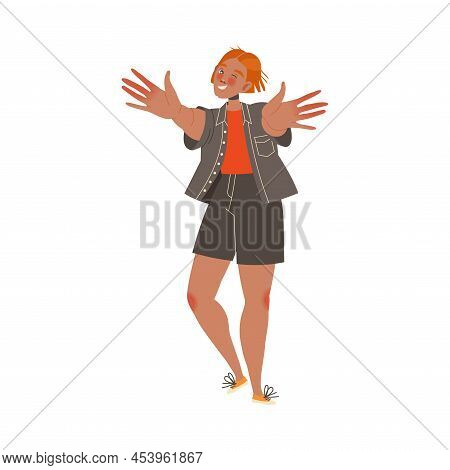Woman Character With Outstretched Arms And Open Palm Showing Hand Gesture Expressing Emotion With Bo
